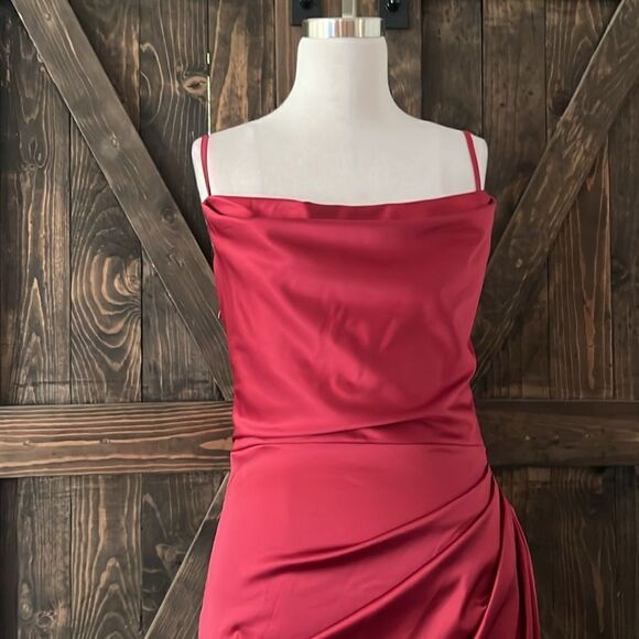 NWT HTZMO Satin Slip Dress Cowl Neck Ruched Bodycon MIDI Dress - Picture 3 of 14